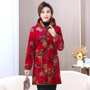 老年人睡衣中长款冬季加绒加厚单件棉服上衣中年女保暖连帽家居服