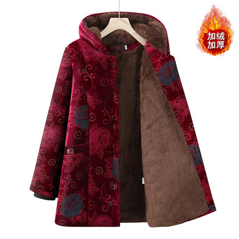 睡衣女款上衣单件老年人妈妈冬装棉衣加绒连帽金丝绒棉袄中长款冬