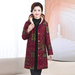 妈妈睡衣棉衣女冬加厚中长款中老年人加绒棉袄连帽单件上衣家居服
