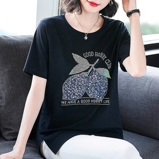 t恤女夏装 妈妈体恤衫 纯棉黑色短袖 2025新款 宽松上衣服 大码 中长款