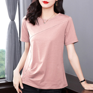 t恤女装 新款 纯棉圆领短袖 夏季 胖mm女士上衣服 洋气妈妈体恤衫 大码
