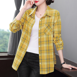 中长款 纯棉格子衬衫 上衣大码 洋气妈妈长袖 衬衣外套 女春秋2024新款