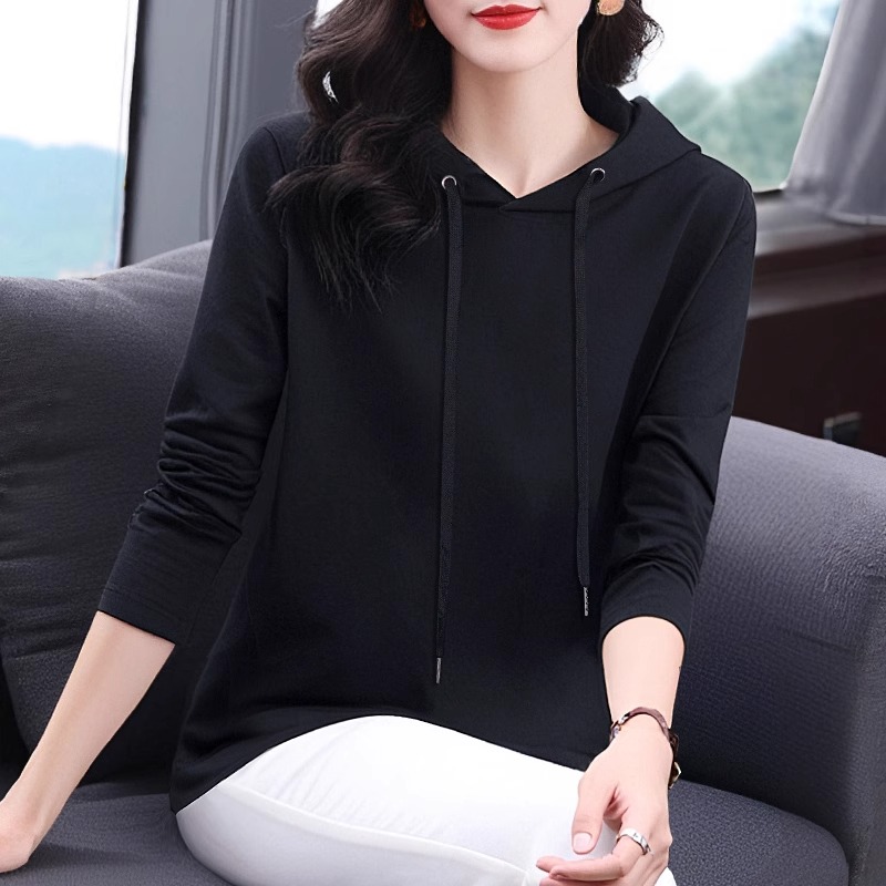 纯色连帽黑色t恤女装春秋季新款洋气妈妈长袖上衣大码宽松打底衫