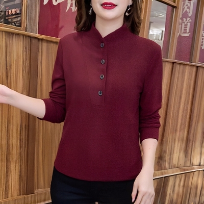 德绒打底衫女秋冬装新款中年妈妈长袖t恤大码保暖内搭立领上衣服
