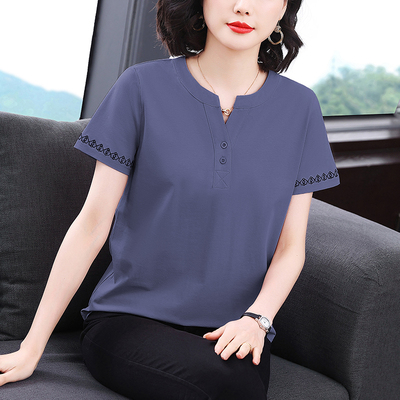 纯棉短袖t恤女装夏季新款洋气妈妈体恤衫大码刺绣胖mm宽松上衣服