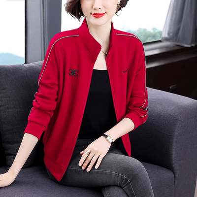 立领开衫拉链卫衣女春秋冬新款中年妈妈长袖上衣大码加绒加厚外套