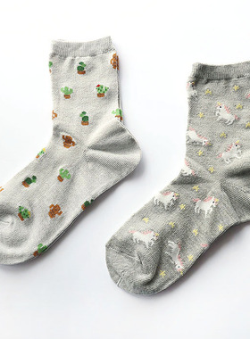 日单 可爱仙人掌和小马图案灰色网眼中筒袜 春夏薄款女袜 2色