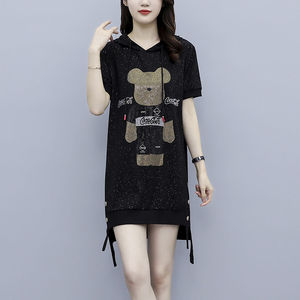 RM7594#大码女装2023夏新款卫衣连帽不规则宽松显瘦中长款烫钻连衣裙