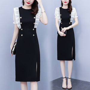 RM7599#大码女装2023夏新款修身显瘦淑女时尚拼接荷叶边连衣裙