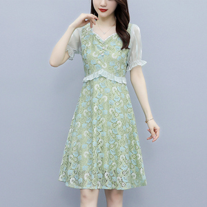 RM7597#大码女装2023夏新款修身显瘦胖妹妹蕾丝拼接连衣裙