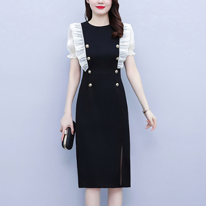 RM7599#大码女装2023夏新款修身显瘦淑女时尚拼接荷叶边连衣裙