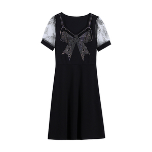 RM7598#大码 2023夏新款收腰显瘦流行网纱时尚蝴蝶烫钻连衣裙