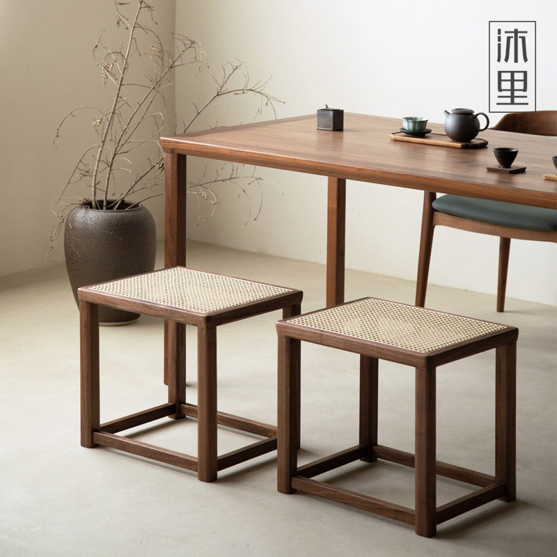 沐里如泓方凳胡桃木中式藤编矮凳