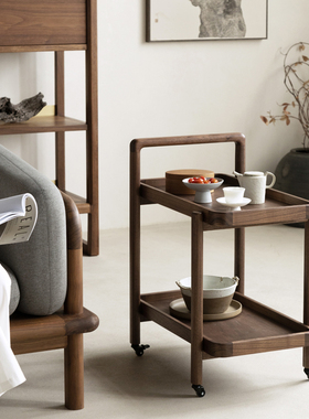 沐里/如泓推车 黑胡桃实木移动角几边几小茶几带轮客厅沙发侧边柜