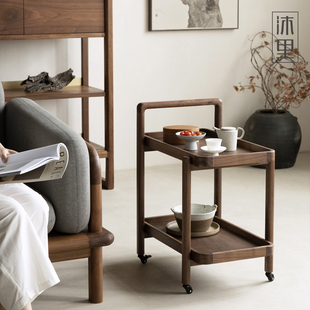 沐里 黑胡桃实木移动角几边几小茶几带轮客厅沙发侧边柜 如泓推车