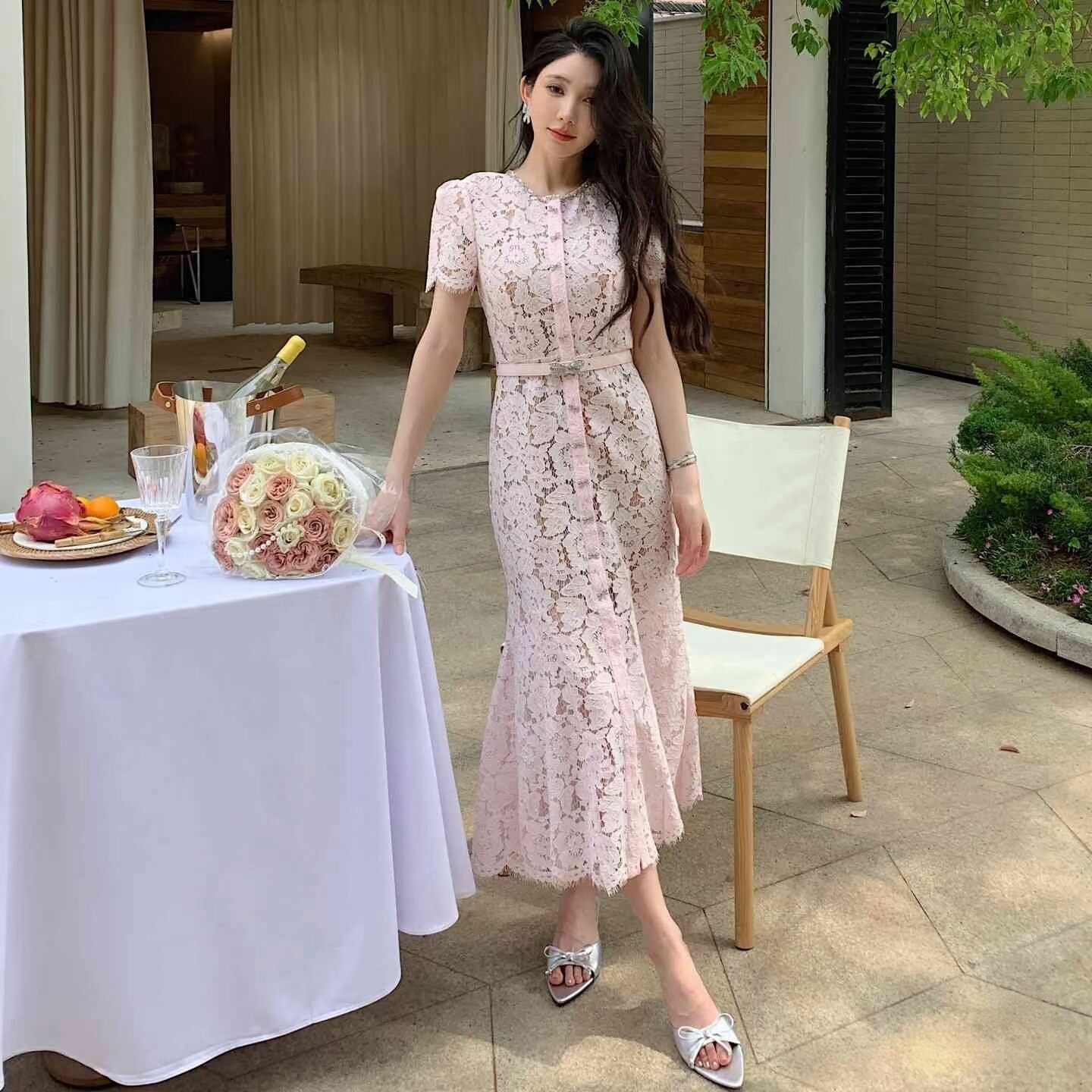 格格家 粉色蕾丝水晶钻饰蝴蝶结鱼尾连衣裙