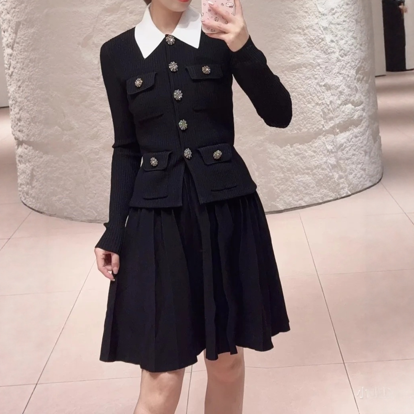 早春 黑色赵丽颖翻领假两件长袖针织雪纺拼接连衣裙