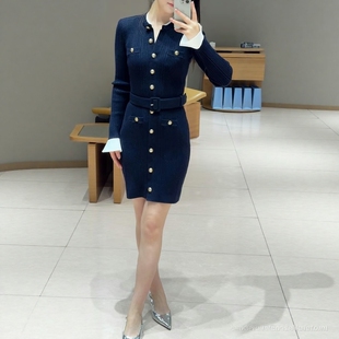 纯元 秋冬新款杨超越藏蓝色气质配腰带针织连衣裙短裙