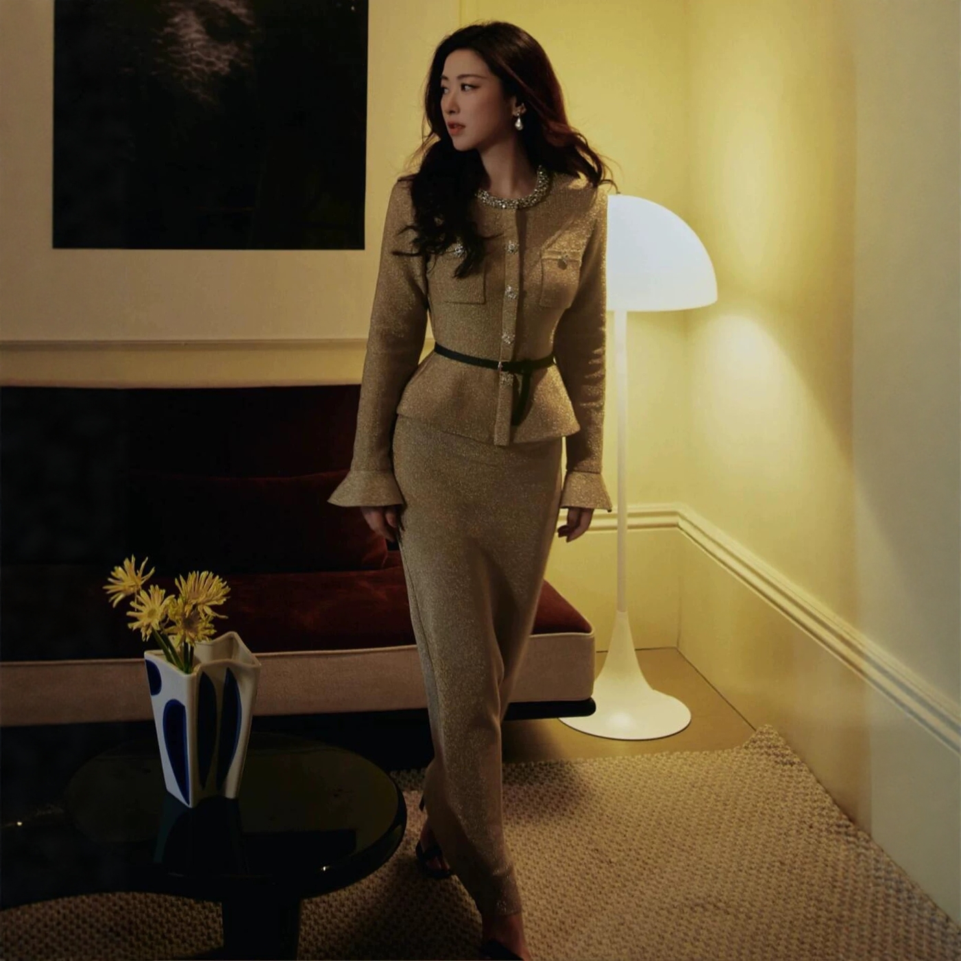 秋冬新款 金色圆领钻饰喇叭袖假两件针织连衣裙长裙