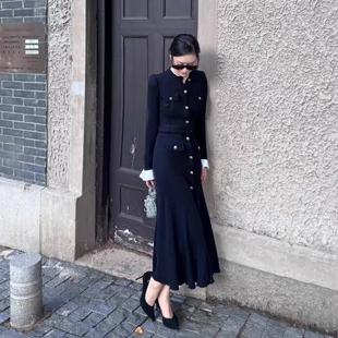 纯元 秋冬新款杨超越藏蓝色气质配腰带针织连衣裙短裙/长裙