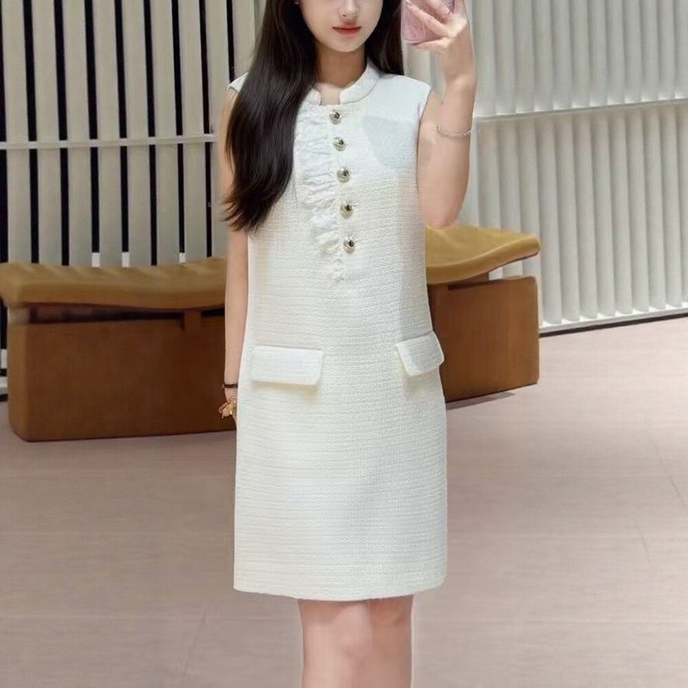 春夏 白色蕾丝边拼接无袖粗花呢连衣裙