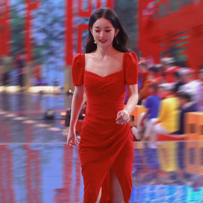 纯元赵丽颖方领褶皱短袖开叉连衣裙