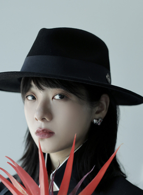 法式秋冬平沿纯羊毛呢礼帽女时尚大檐黑色百搭巴拿马大头围帽子男