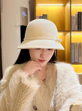 法式白色富家女礼帽冬季高端赫本风纯羊毛帽子女款2025新款冬盆帽