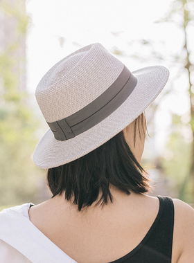 灰色M标帽子女韩版潮夏天英伦巴拿马礼帽平沿草帽遮阳帽短发百搭