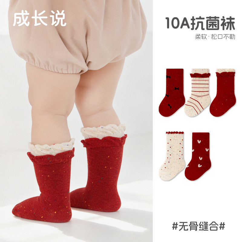 宝宝袜子秋季新款红色花边蝴蝶结