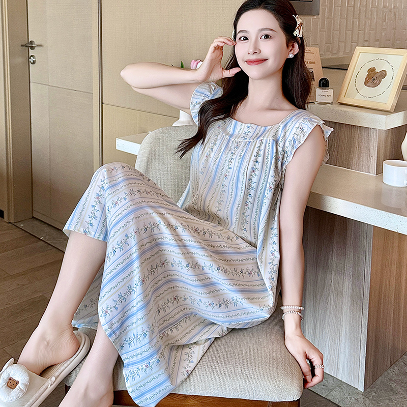 无袖新中式国风高级气质绵绸睡裙女款夏季条纹家居服连衣裙薄碎花