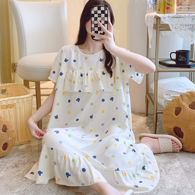 防凸点睡裙女夏凉感学生棉绸睡衣新款圆点家居服可爱小女生绵绸裙
