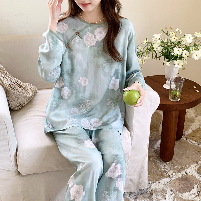 新中式国风绵绸睡衣女长袖两件套图片