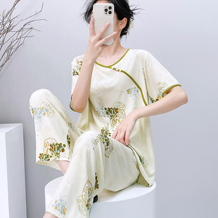 女人棉绸可外穿宽松睡衣两件套装夏绵绸新中式国风家居服大码薄款