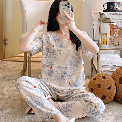 夏季女青少年短袖长裤棉绸睡衣两件套装人造棉家居空调服绵绸防透