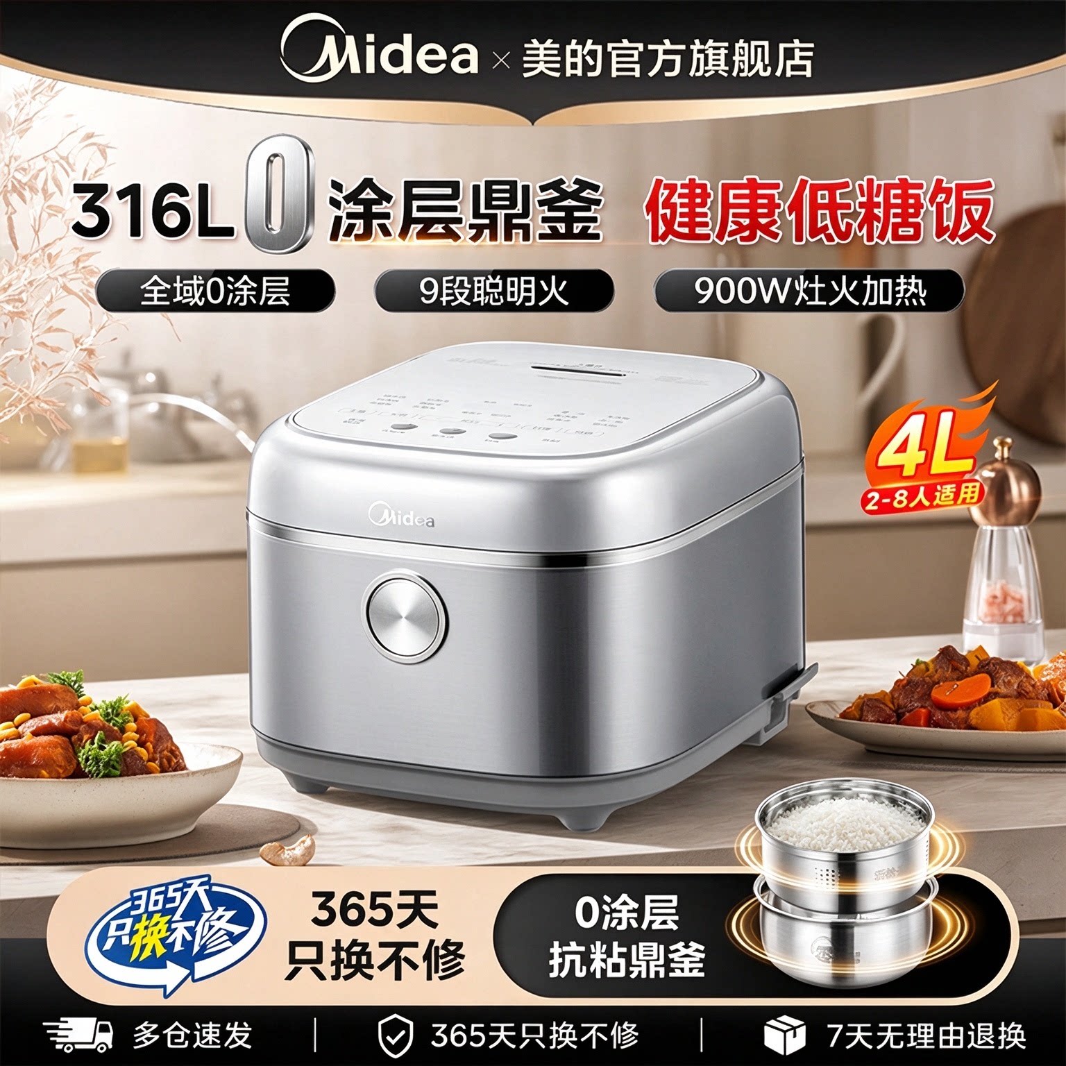 美的电饭煲家用2-3人3-4人3L/4L多功能IH加热316不锈钢低糖电饭锅