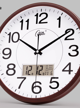 康巴丝挂钟客厅卧室办公简约钟表静音日历万年历温度液显石英钟