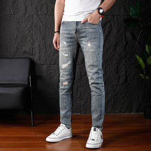 2026春夏破洞补丁蓝色复古牛仔裤男款修身小脚弹力休闲痞帅长裤男
