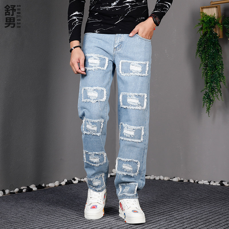 秋季美式补丁宽松直筒牛仔裤潮牌