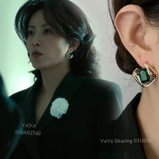 人之初李红月徐百慧同款耳环复古方形祖母绿小众设计锆石镂空耳钉