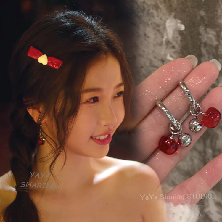 双轨姜暮虞书欣同款耳环ins小清新甜美樱桃车厘子银珠C圈耳饰耳钉