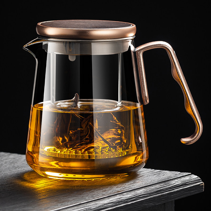 特厚玻璃泡茶杯铝合金把茶水分离