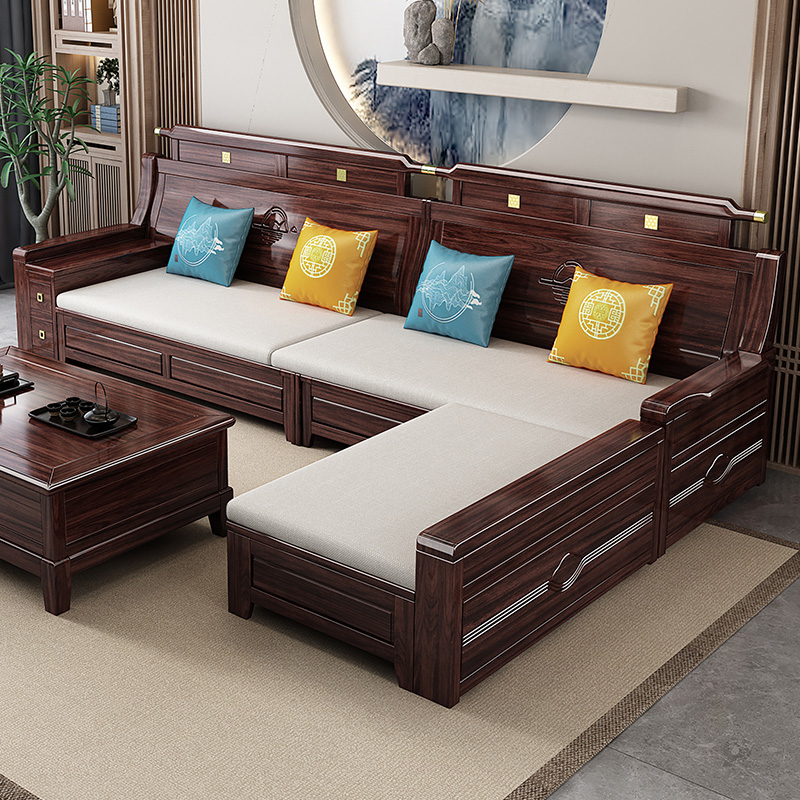 新中式乌金木贵妃储物实木沙发