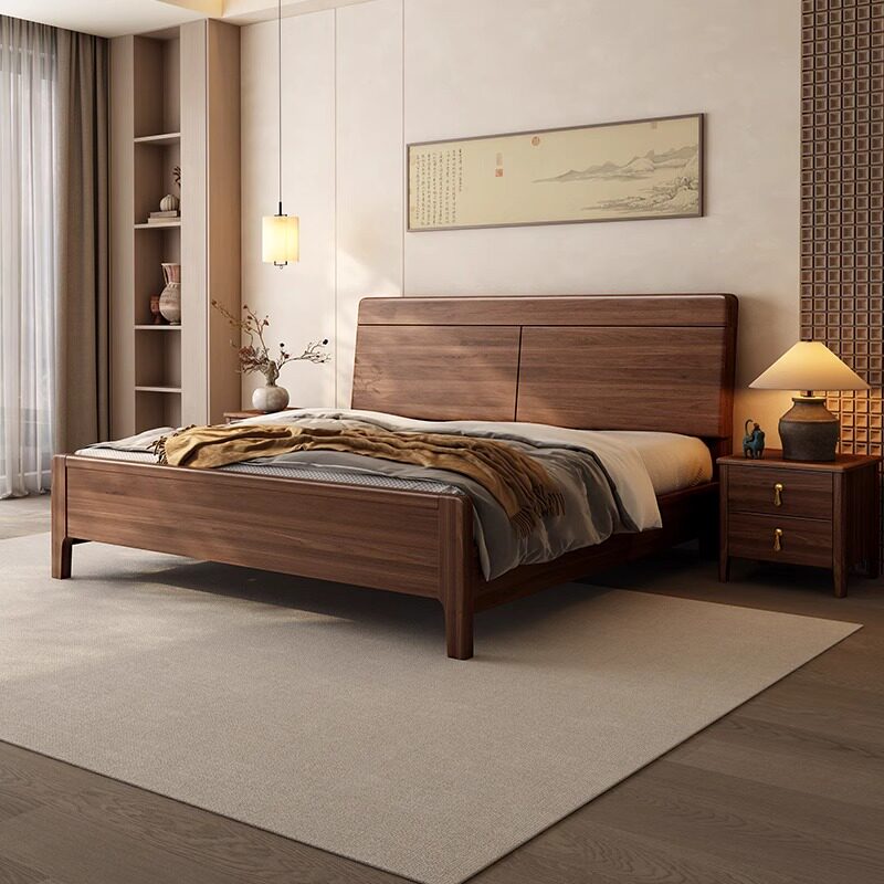 中古风黑胡桃木实木双人床家用现代小户型1.8m简约气压储物婚床