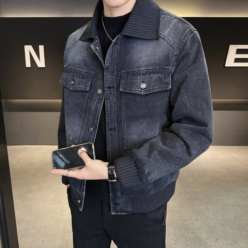 做旧牛仔夹克男士螺纹针织翻领拼接外套春秋潮牌复古宽松工装褂子