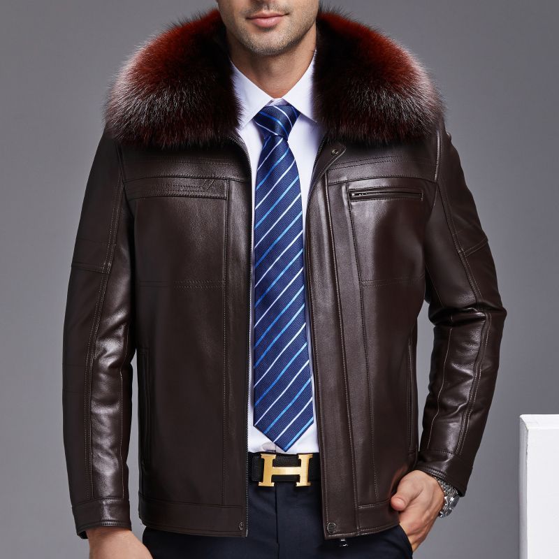 海宁冬装绵羊皮皮衣男短款狐狸毛领皮夹克爸爸装胆尼克服皮外套男