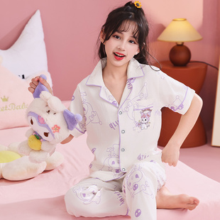 女童睡衣儿童春夏季云朵棉短袖长裤中大童女孩开衫亲子母女家居服