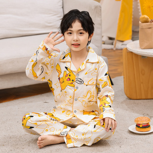 皮卡丘儿童睡衣纯棉男孩春秋男童全棉家居服长袖云朵棉中大童套装