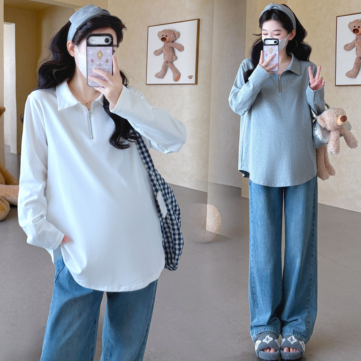 孕妇装秋装简约POLO领长袖上衣宽松大码休闲娃娃衫春秋百搭打底衫
