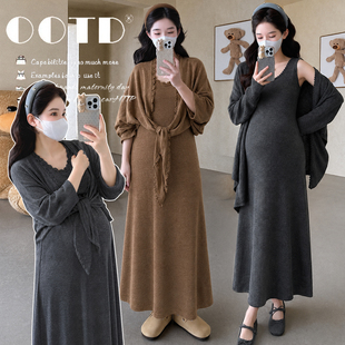 孕妇套装秋冬款开衫毛衣外套宽松慵懒风V领针织连衣裙两件套春秋